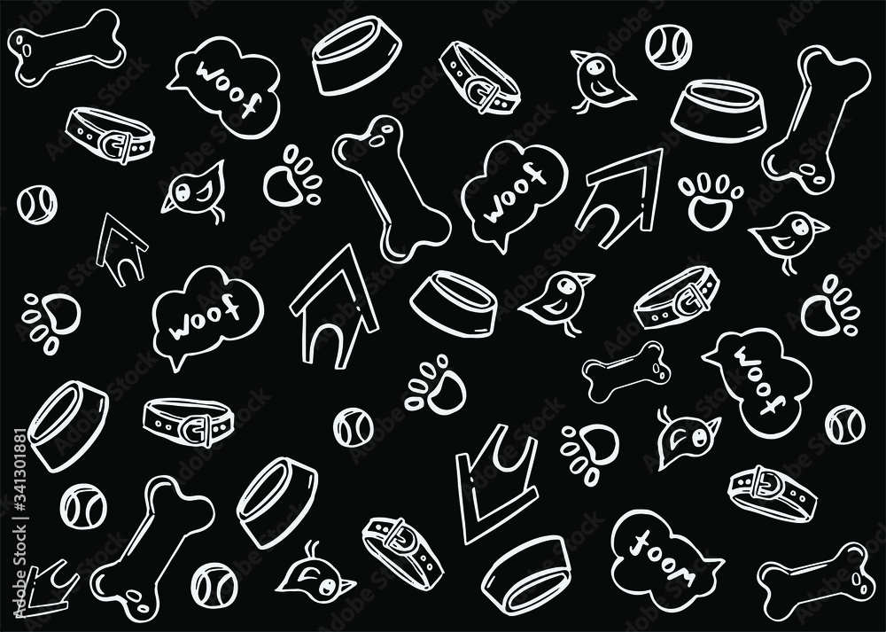 Collection of seamless patterns with dog objects, a bone, a bowl, a collar booth 02