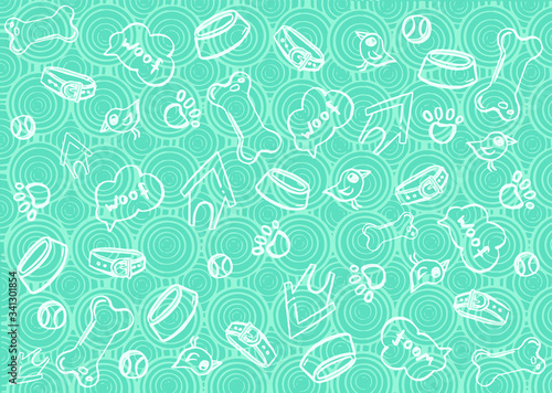 Collection of seamless patterns with dog objects, a bone, a bowl, a collar booth 03