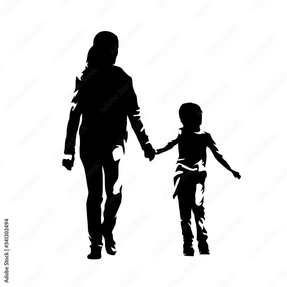 Mother with child walking together, isolated vector silhouette. Front view. Arm in arm, holding hands