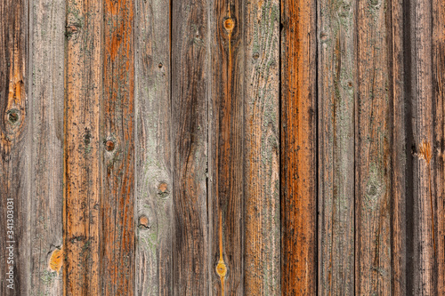 Vertical closeup of old wooden plank wall, brown wooden background, fence or floor panels