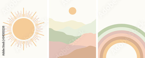 neutral colors abstract art set, rainbow, sun, minimal landscape, mountains, vector illustration