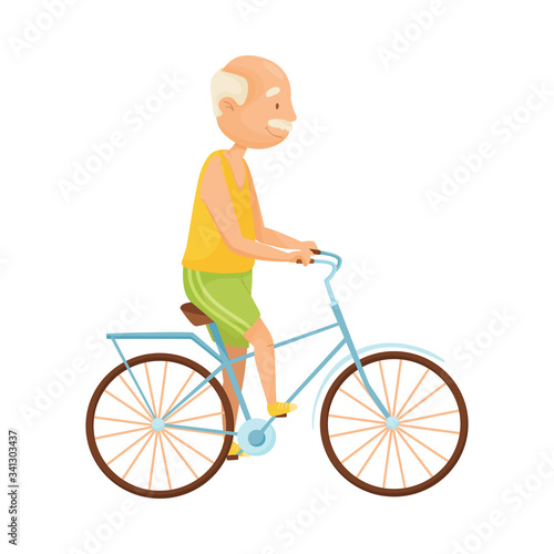 Senior Grey-haired Man with Mustache Cycling Vector Illustration