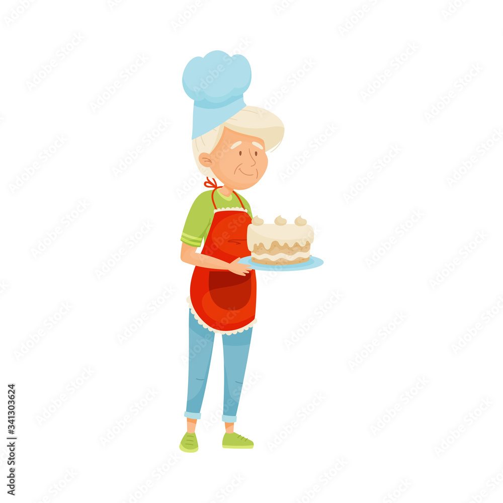 Senior Grey-haired Woman Wearing Red Apron Holding Cake Vector Illustration Senior Grey-haired Woman Wearing Red Apron Holding Cake Vector Illustration
