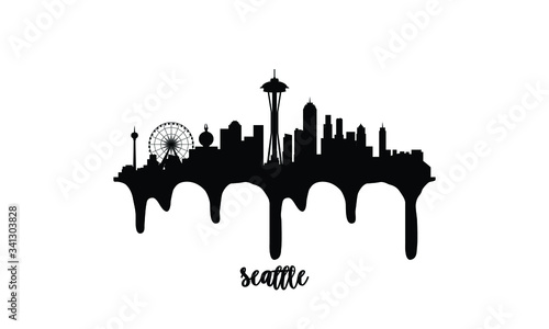 Seattle USA black skyline silhouette vector illustration on white background with dripping ink effect.