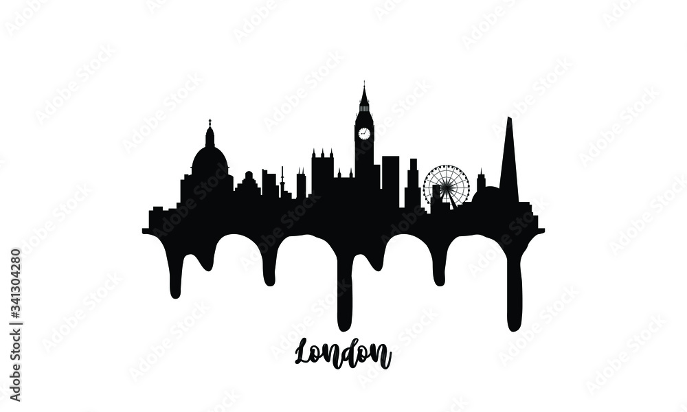London England black skyline silhouette vector illustration on white background with dripping ink effect.
