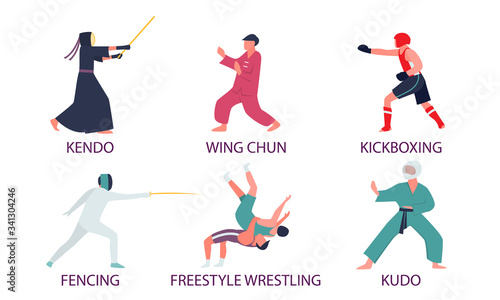 People doing different kinds of martial arts vector illustration