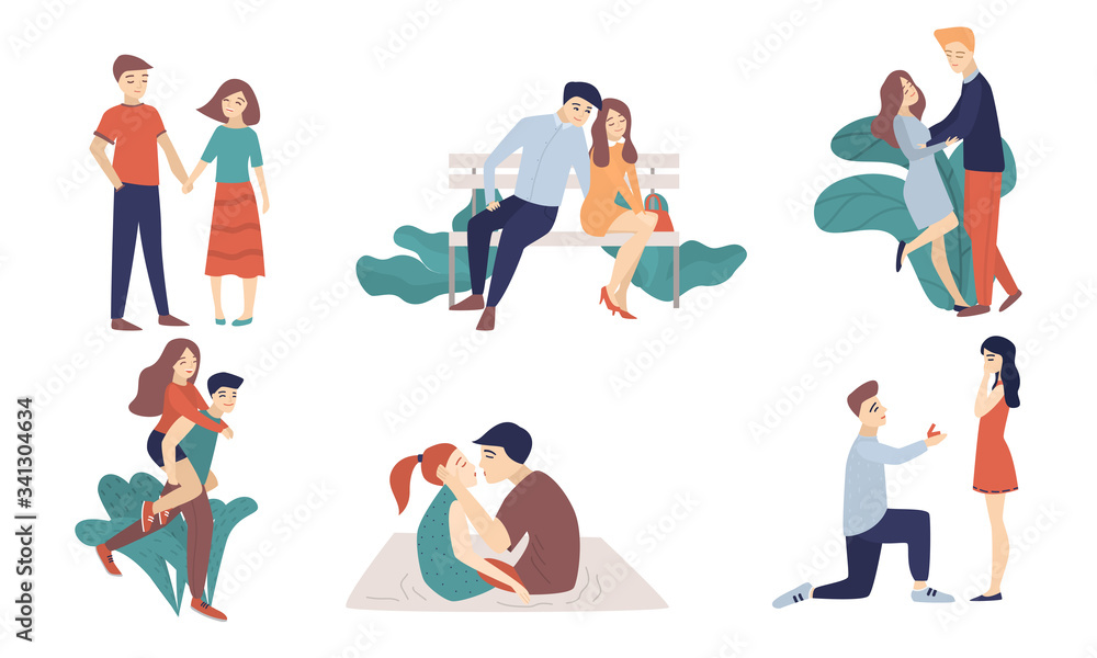 Dating couples in love feeling happy in everyday life vector illustration