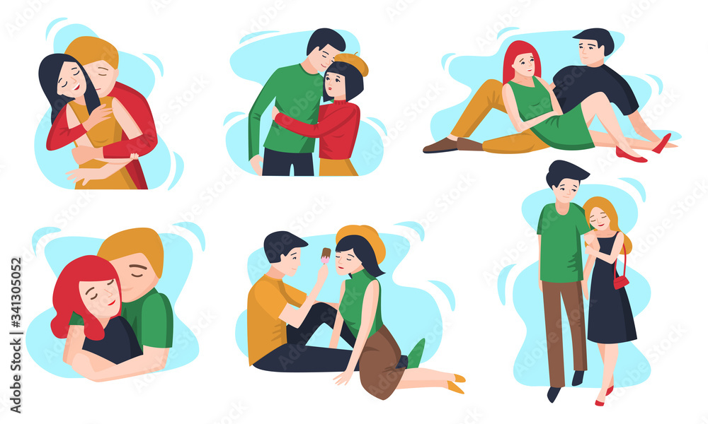 Dating young couples in love feeling happy vector illustration