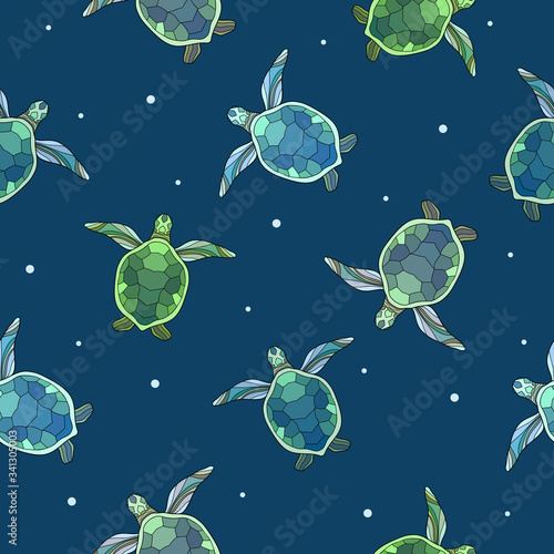 Hand drawn blue and green little turtles with white dots on blue background. Seamless underwater fauna pattern. Suitable for wallpaper, textile.