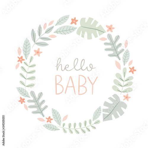 New Baby Card with cute wreath and hand lettering. Hello Baby Baby shower invitation, birth announcement, nursery poster, kids room or apparel. 