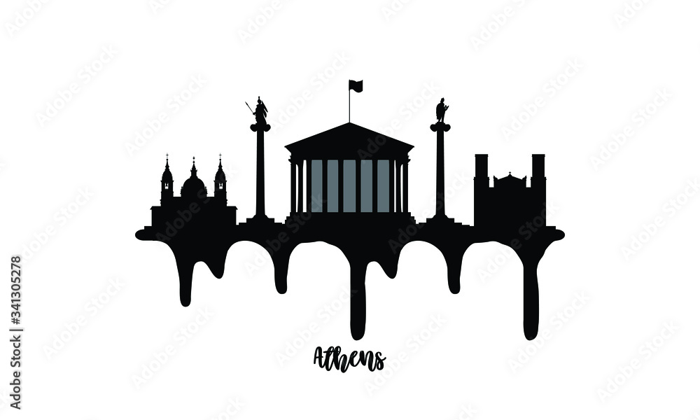 Athens Greece black skyline silhouette vector illustration on white background with dripping ink effect.