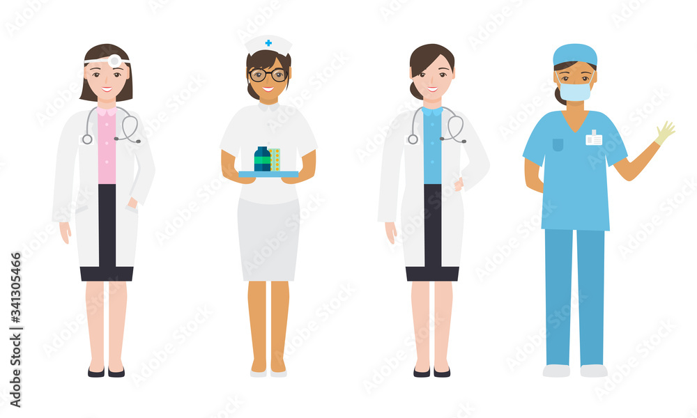 Set of different female doctors and nurses in medical attire engaged in their work. Vector illustration in flat cartoon style Set of different female doctors and nurses in medical attire engaged in their work. Vector illustration in flat cartoon style