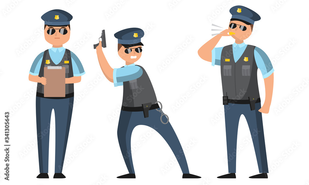 The police officer in black sunglasses standing in different poses with protocol, whistle, and gun. Vector illustration in flat style