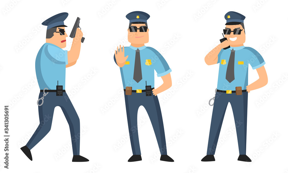 The police officer in black sunglasses standing in different poses with gun and walkie-talkie. Vector illustration in cartoon style