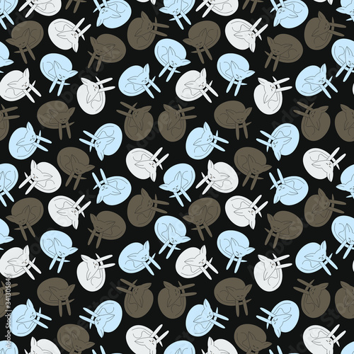 Blue and grey cats sleeping on black background: cute seamless pattern, wallpaper and wrapping texture design, feline textile print. Vector graphics.