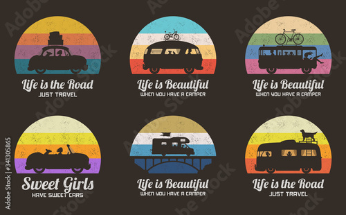 Cars on road. Set of retro illustrations with silhouettes of people in road trip. Family camping trip. Vector backgrounds for prints, t-shirts