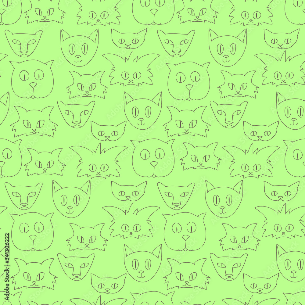 Funny cat's faces on light-green background: seamless pattern, wallpaper and wrapping texture design, textile print. Vector graphics.