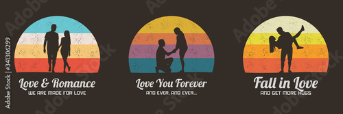 People in love. Set of retro illustrations with silhouettes of lovers. Romantic marriage proposal. Guy carry girl, couple holding hands. Vector backgrounds for prints, t-shirts