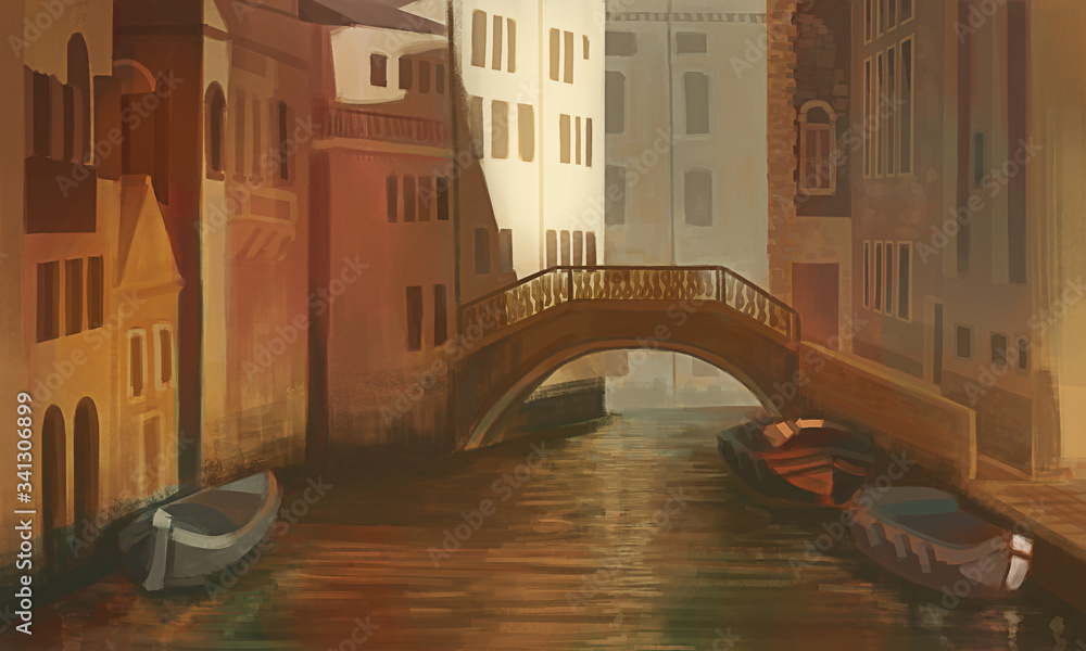 A digital illustration of a beautiful canal in Venice while no people and transportation with brushstroke texture style.