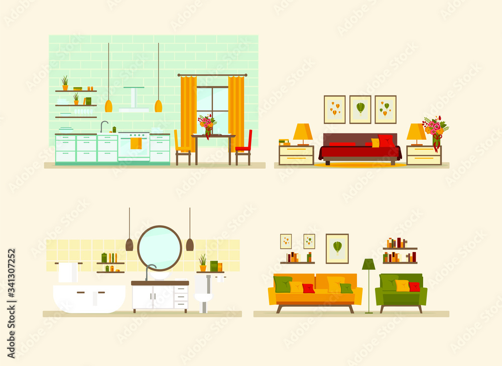 set with interiors, bathroom, kitchen, living room and bedroom, flat vector illustration of rooms with furniture