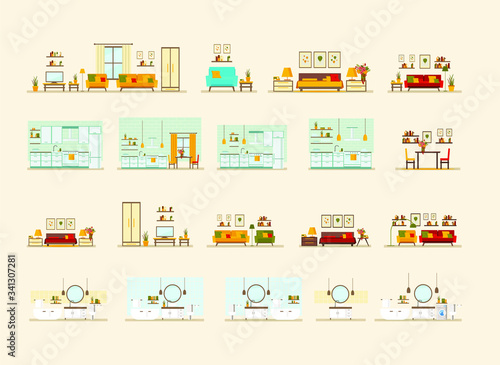 Fototapeta Naklejka Na Ścianę i Meble -  set with interiors, bathroom, kitchen, living room and bedroom, flat vector illustration of rooms with furniture