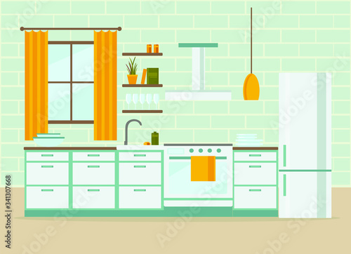 kitchen interior with furniture, flat vector illustration