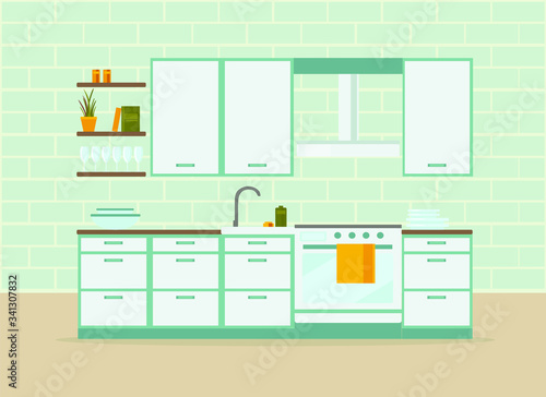 kitchen interior with furniture, flat vector illustration