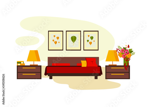 bedroom interior with furniture (bed, nightstand, floor lamp, books, flowers, carpet), flat vector illustration