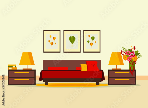 bedroom interior with furniture (bed, nightstand, floor lamp, books, flowers, carpet), flat vector illustration