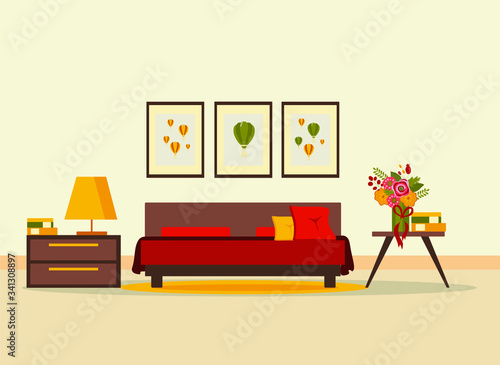 bedroom interior with furniture (bed, nightstand, floor lamp, books, flowers, carpet), flat vector illustration
