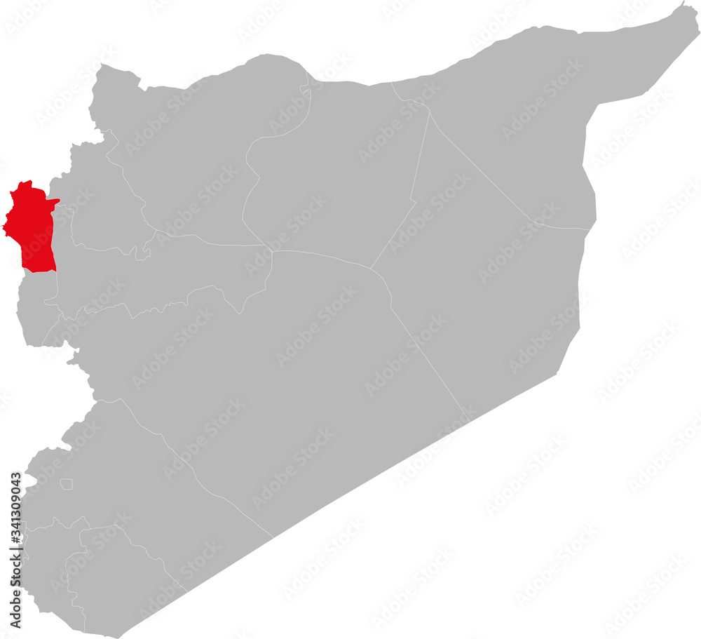 Latakia province highlighted on syria map. Light gray background. Perfect for Business concepts, backgrounds, backdrop, sticker, chart, presentation and wallpaper. Latakia province highlighted on syria map. Light gray background. Perfect for Business concepts, backgrounds, backdrop, sticker, chart, presentation and wallpaper.