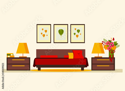 bedroom interior with furniture (bed, nightstand, floor lamp, books, flowers, carpet), flat vector illustration