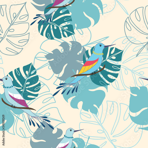 Seamless pattern with tropical leaves and birds