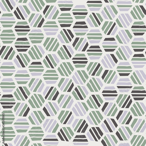 Seamless square tranquil pastel hexagon mosaic geo pattern. Serene gentle peaceful tile print. Trendy deco geometric random repeat vector pattern.