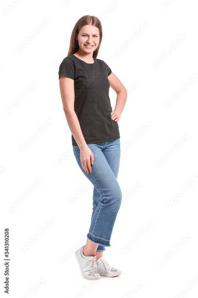 Young woman in stylish t-shirt on white background Young woman in stylish t-shirt on white background