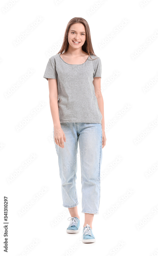 Obraz premium Young woman in stylish t-shirt on white background