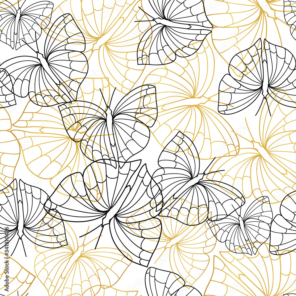 Gold and black butterfly outline seamless vector pattern