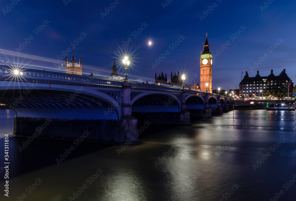 Big Ben and Westminster Bridge by night, London, UK