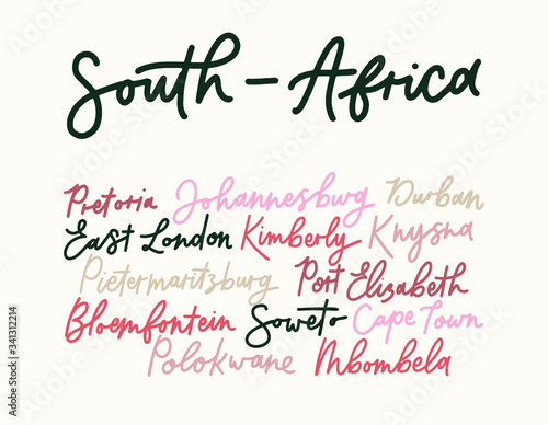 South African Cities and Town handwritten