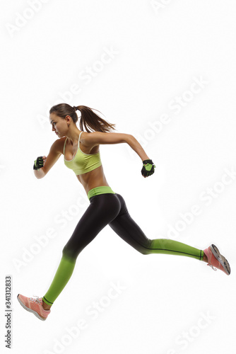 Running athlete on a white background, jump to the finish line, flying girl © o_shi