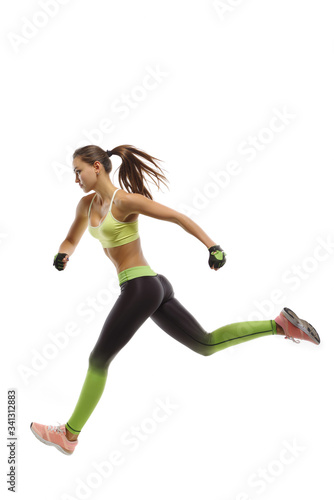 Running athlete on a white background, jump to the finish line, flying girl