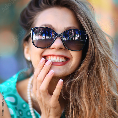 cheerful blonde in sunglasses / young beautiful girl, sunglasses, woman summer look