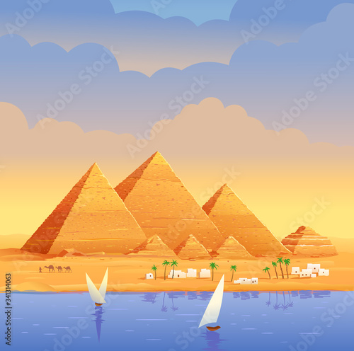 The pyramids of Egypt. Egyptian pyramids in the evening on the river. The Cheops Pyramid in Cairo, in Giza. Egyptian stone structures. Pyramids on the background of evening sunset. Vector illustration