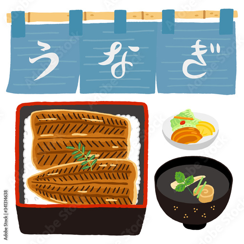 のれん　うなぎ　鰻重　肝吸い　お新香