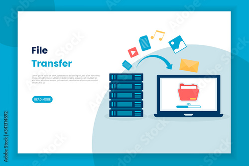 flat design Illustration of file transfer from server to laptop