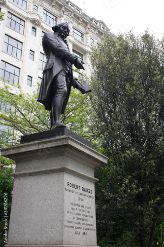 bronze statue of Robert Raikes founder of Sunday Schools in Embankment Gardens in London, UK photo