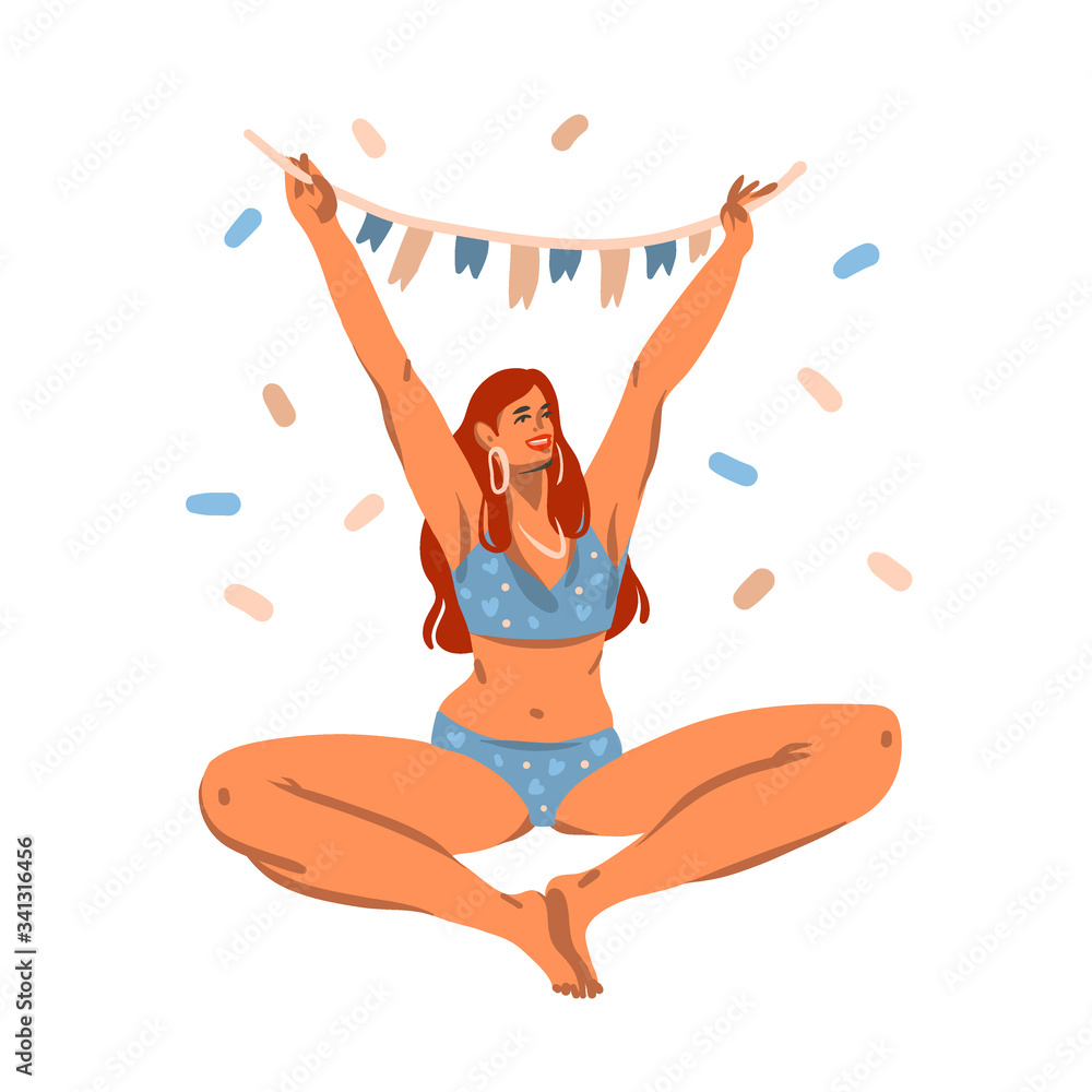 Hand drawn vector abstract stock graphic illustration with young happy female happy girl with flags waiting for a party at home ,with flags garland isolated on white background