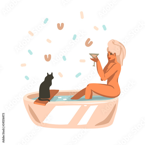 Hand drawn vector abstract stock graphic illustration with young happy female girl takes a bath with a towel on her head and drinks a cocktail at home with black cat isolated on white background
