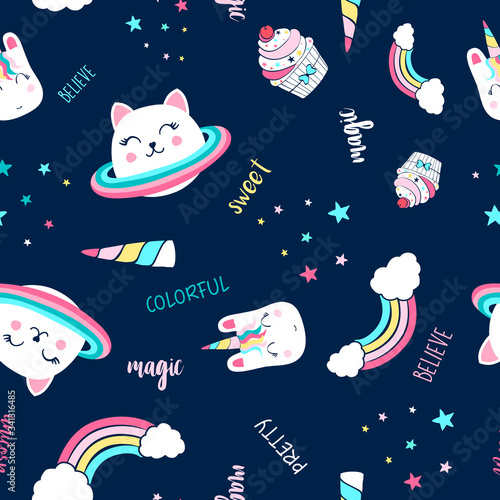 Saturn cat and magical icons seamless pattern  print design. Vector illustration design for fashion fabrics, textile graphics, prints.
