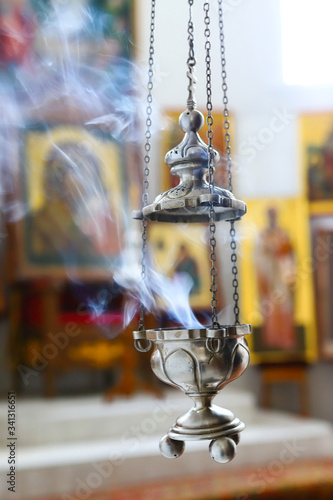 Принти на полотні Orthodox church, censer with smoking, on the background of icons, at the altar of the Orthodox church